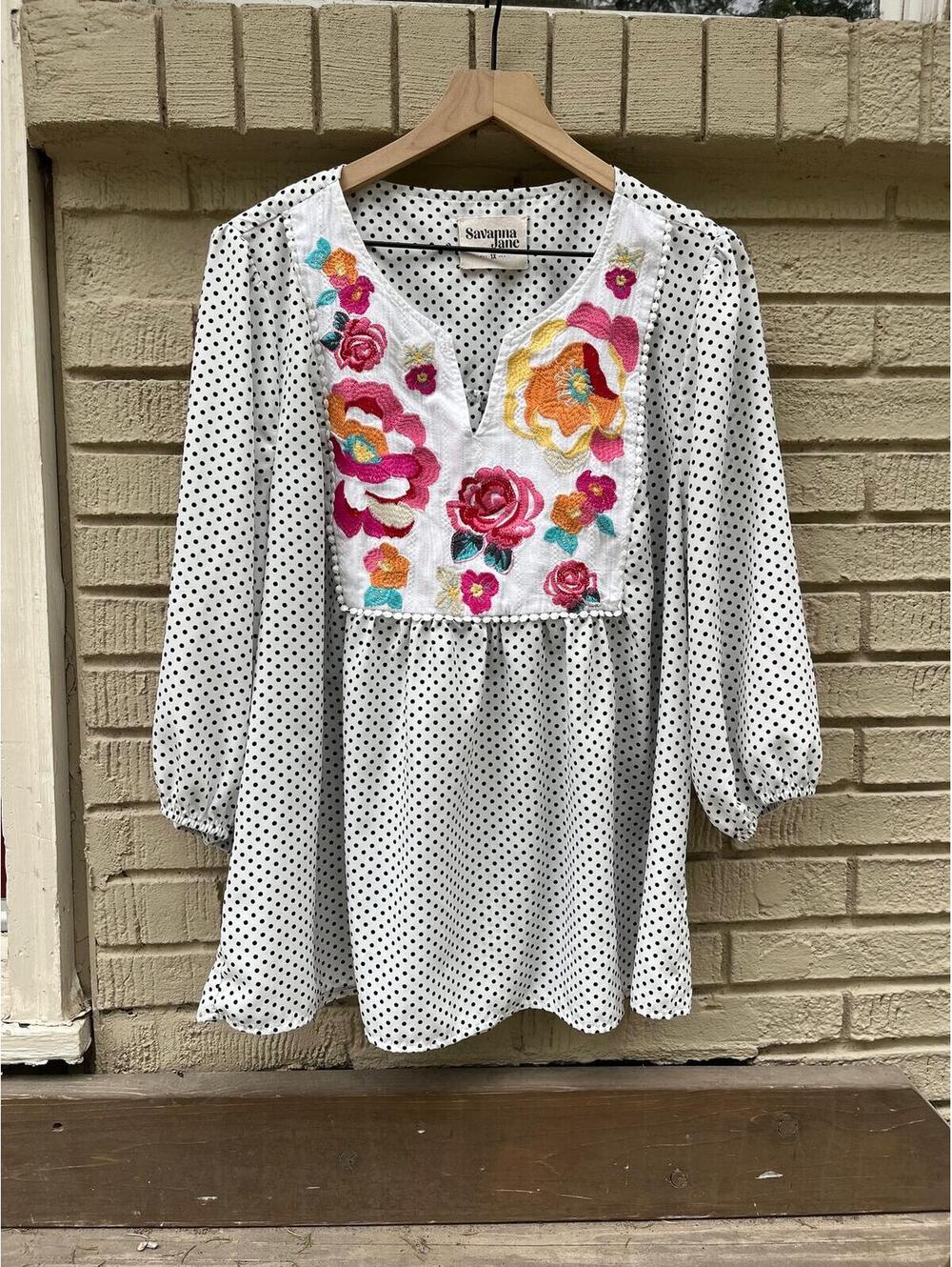 Boutique Savanna Jane 1X Embroidered Polka Dot Floral Blouse Rose Peony Boho
